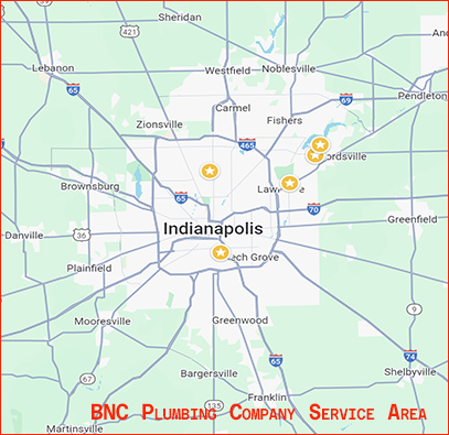 B N C Plumbing service area map covering Indianapolis, Carmel, Fishers, Greenwood and 40+ surrounding cities in Indiana